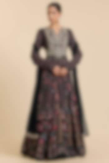 Black Chiffon Printed & Embroidered Long Bridal Anarkali Set by Ridhi Mehra at Pernia's Pop Up Shop