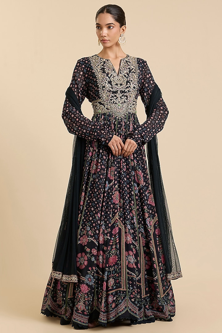 Black Chiffon Printed & Embroidered Long Bridal Anarkali Set by Ridhi Mehra at Pernia's Pop Up Shop