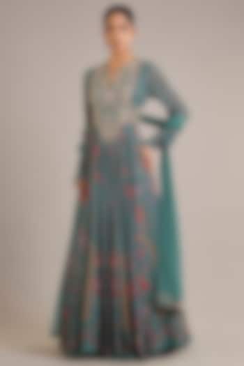 Sage Green Chiffon Printed & Embroidered Bridal Anarkali Set by Ridhi Mehra at Pernia's Pop Up Shop