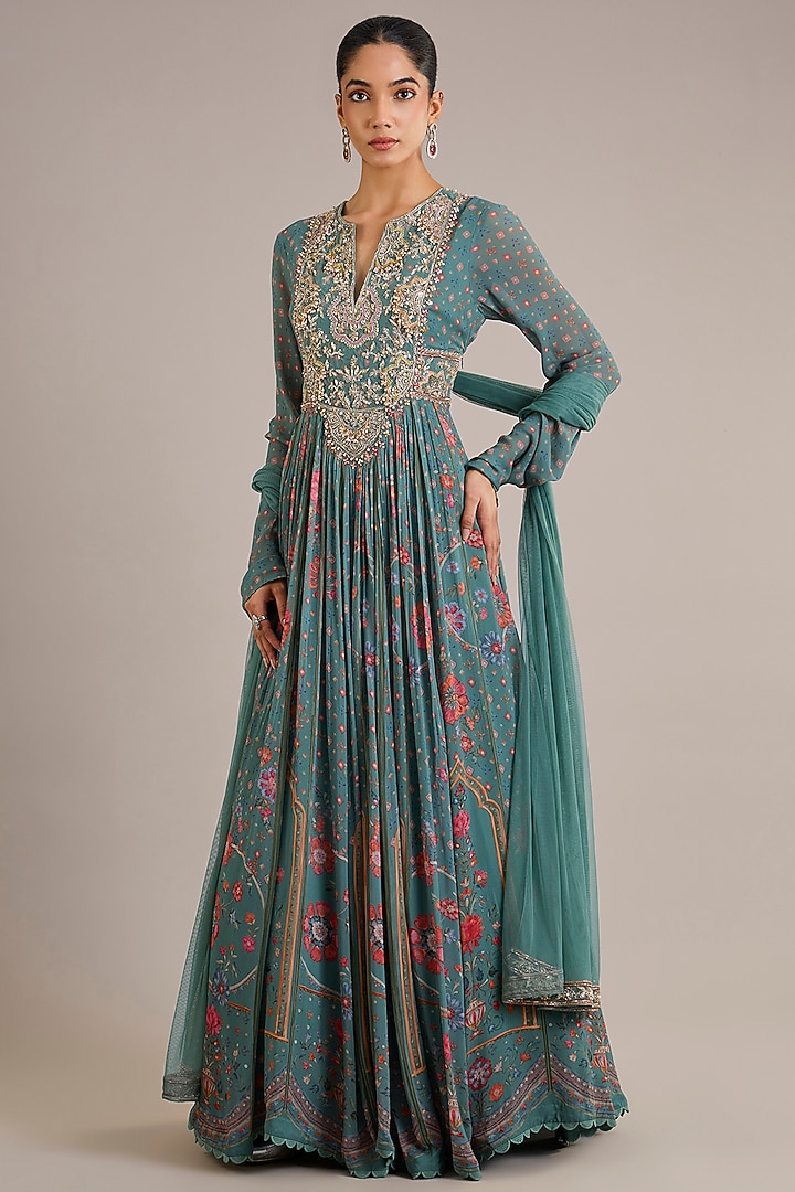 Sage Green Chiffon Printed & Embroidered Bridal Anarkali Set by Ridhi Mehra at Pernia's Pop Up Shop