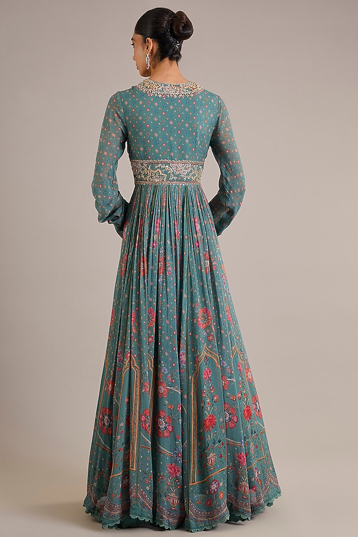 Sage Green Chiffon Printed & Embroidered Bridal Anarkali Set by Ridhi Mehra at Pernia's Pop Up Shop
