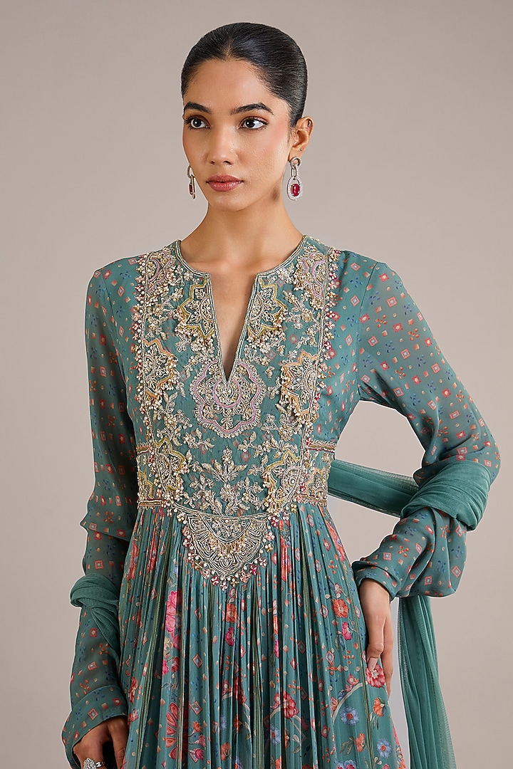 Sage Green Chiffon Printed & Embroidered Bridal Anarkali Set by Ridhi Mehra at Pernia's Pop Up Shop
