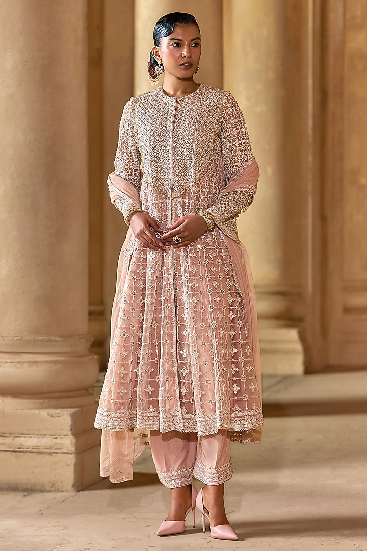 Champagne Net Embroidered Kurta Set by Ridhi Mehra at Pernia's Pop Up Shop
