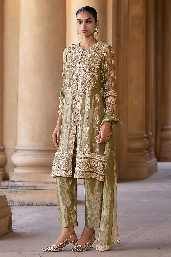 Mint-Gold Tissue Embroidered Kurta Set by Ridhi Mehra at Pernia's Pop Up Shop