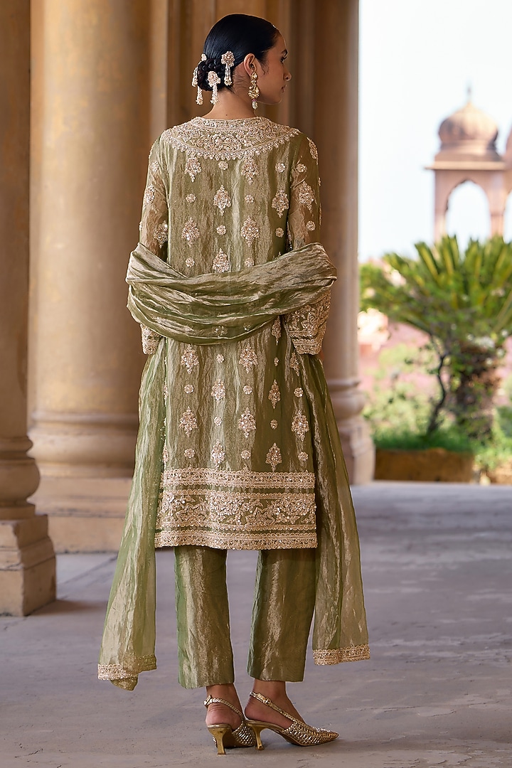 Mint-Gold Tissue Embroidered Kurta Set by Ridhi Mehra at Pernia's Pop Up Shop