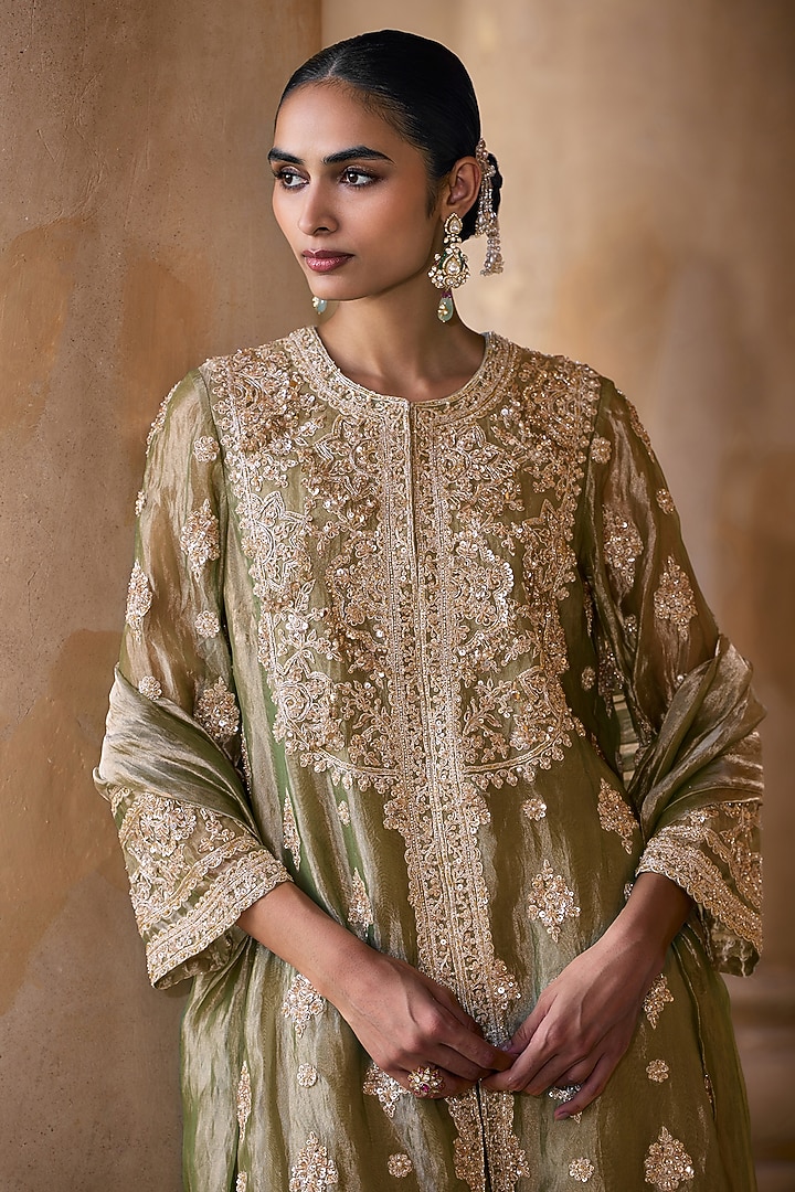 Mint-Gold Tissue Embroidered Kurta Set by Ridhi Mehra at Pernia's Pop Up Shop