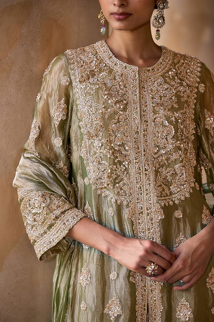 Mint-Gold Tissue Embroidered Kurta Set by Ridhi Mehra at Pernia's Pop Up Shop