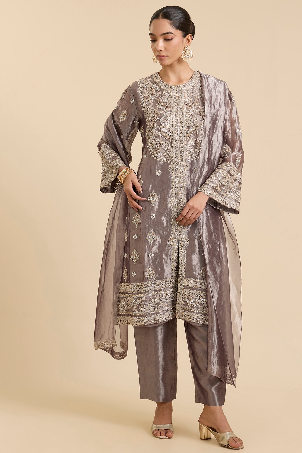 Ridhi Mehra Deep Lilac Tissue Booti Embroidered Kurta Set