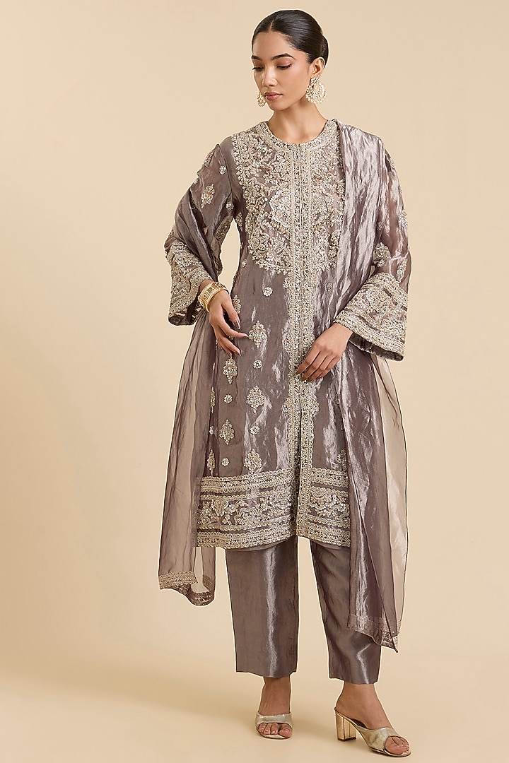 Deep Lilac Tissue Booti Embroidered Kurta Set by Ridhi Mehra at Pernia's Pop Up Shop