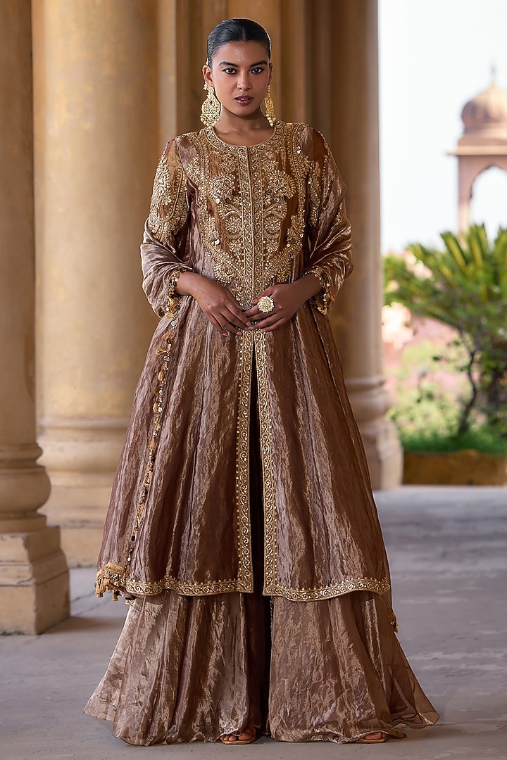 Deep-Lilac Tissue Embroidered Kalidar Kurta Set by Ridhi Mehra at Pernia's Pop Up Shop