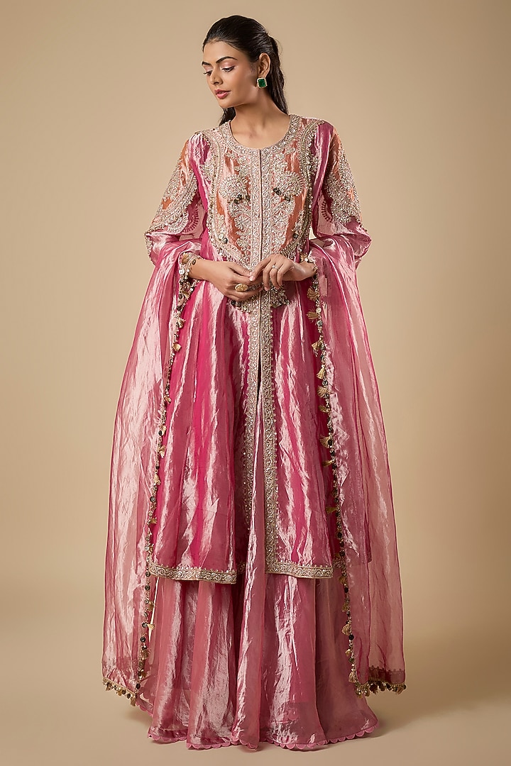 Fuchsia Tissue Embroidered Bridal Sharara Set by Ridhi Mehra at Pernia's Pop Up Shop