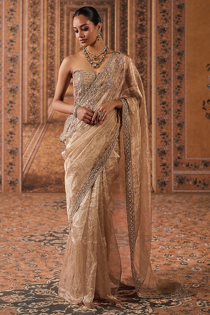 Gunmetal Gold Tissue Embroidered Reception Saree Set by Ridhi Mehra at Pernia's Pop Up Shop