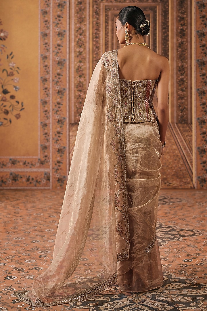 Gunmetal Gold Tissue Embroidered Reception Saree Set by Ridhi Mehra at Pernia's Pop Up Shop