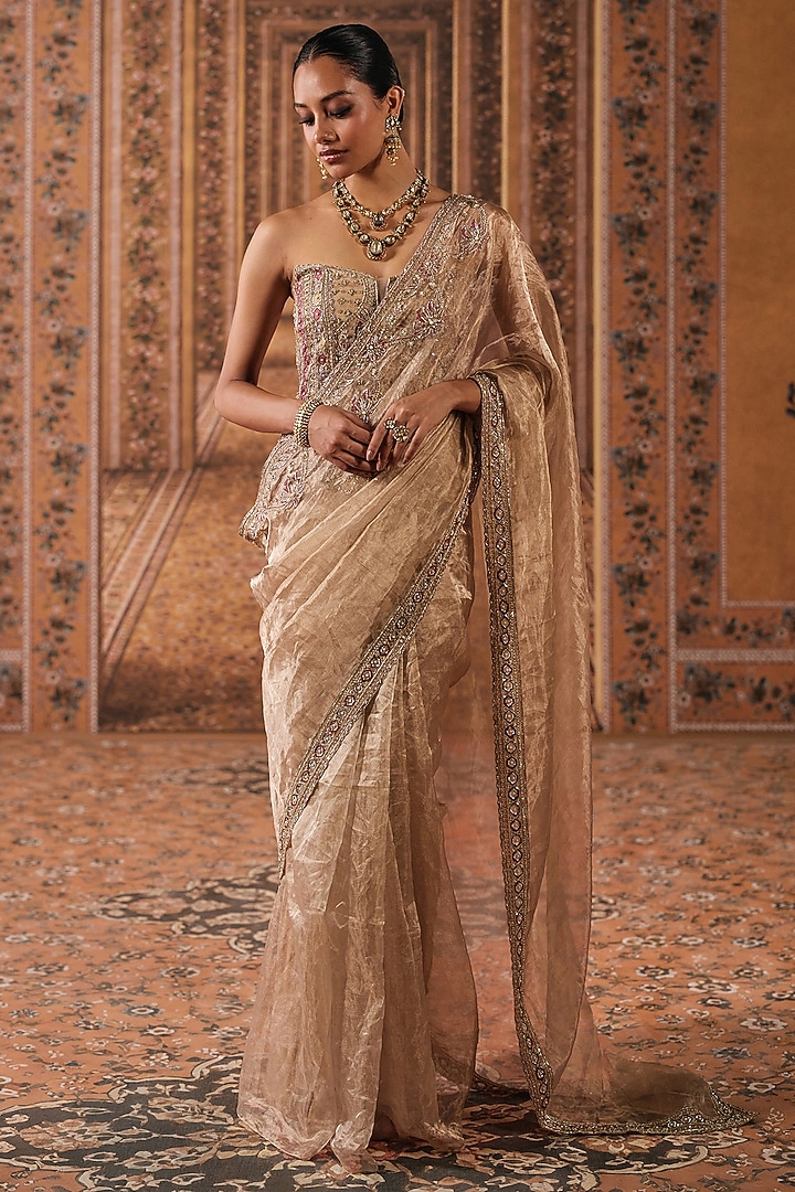 Gunmetal Gold Tissue Embroidered Reception Saree Set by Ridhi Mehra at Pernia's Pop Up Shop
