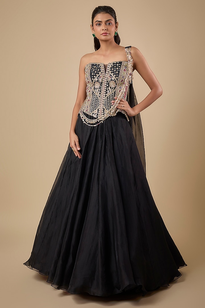 Black Organza Draped Bridal Lehenga Set by Ridhi Mehra at Pernia's Pop Up Shop