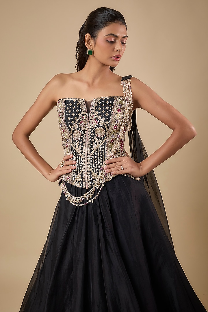Black Organza Draped Bridal Lehenga Set by Ridhi Mehra at Pernia's Pop Up Shop