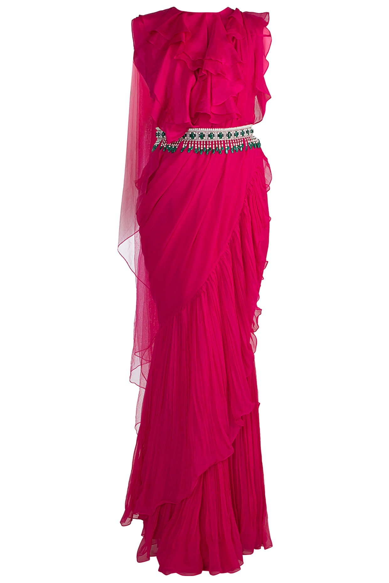 Red Ruffled Saree Set With Jewel Stone 