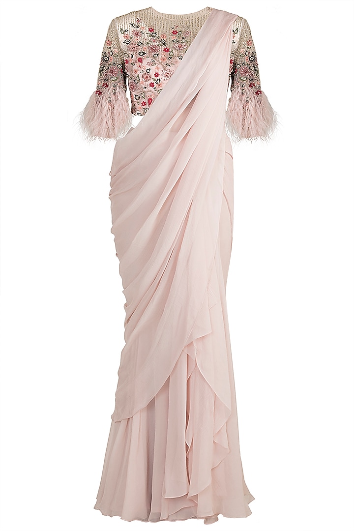 Light Pink Embroidered Saree Set by Ridhi Mehra