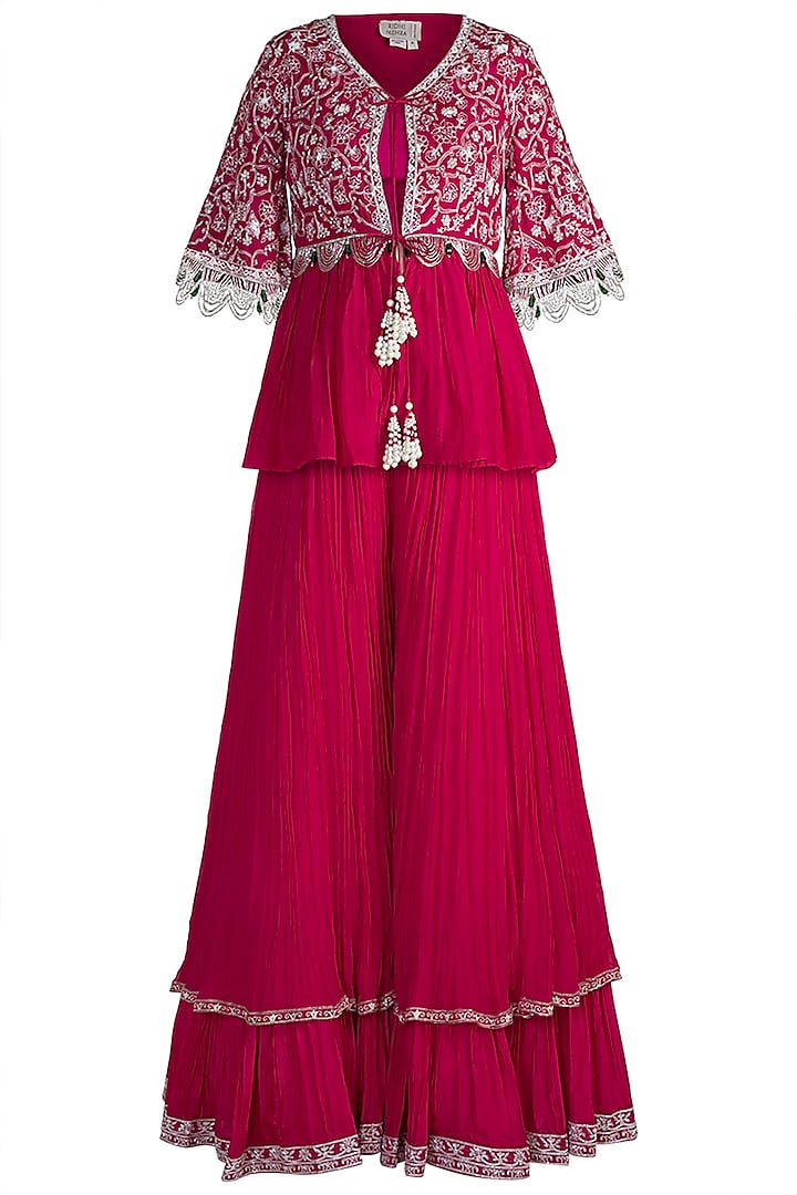 Fuchsia Pink Embroidered Peplum Jacket With Blouse & Sharara Pants by Ridhi Mehra
