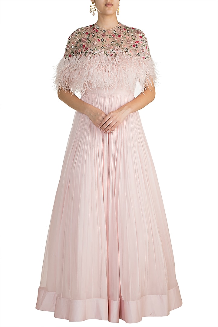 Light Pink Bridal Anarkali With Embroidered Cape by Ridhi Mehra at Pernia's Pop Up Shop