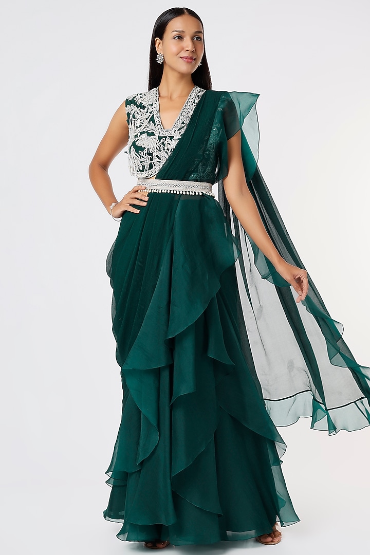 Green Chiffon Organza Draped Reception Saree Set by Ridhi Mehra at Pernia's Pop Up Shop