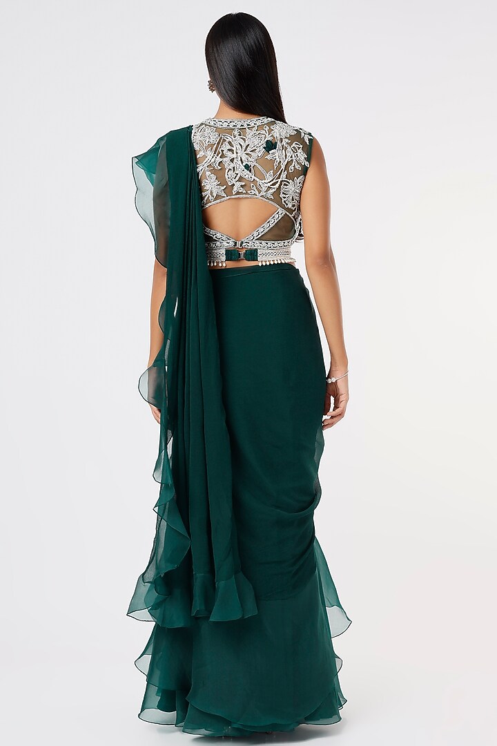 Green Chiffon Organza Draped Reception Saree Set by Ridhi Mehra at Pernia's Pop Up Shop