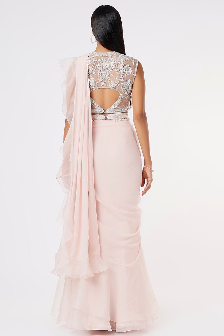 Blush Pink Chiffon Organza Draped Reception Saree Set by Ridhi Mehra at Pernia's Pop Up Shop