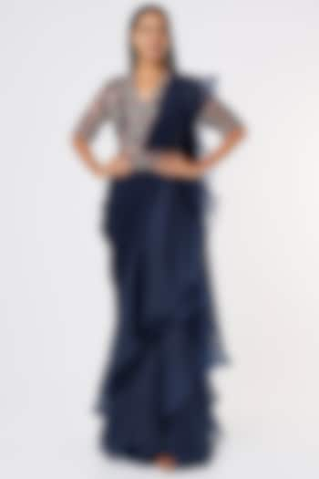 Navy Blue Chiffon Organza Draped Saree Set by Ridhi Mehra at Pernia's Pop Up Shop