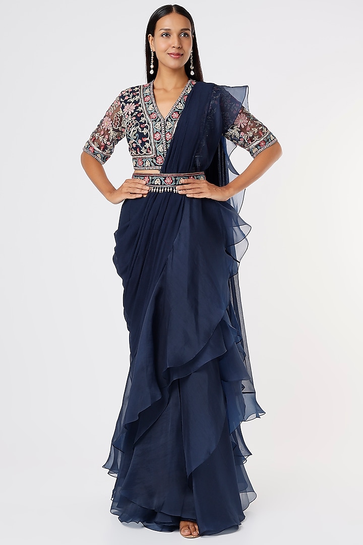 Navy Blue Chiffon Organza Draped Saree Set by Ridhi Mehra