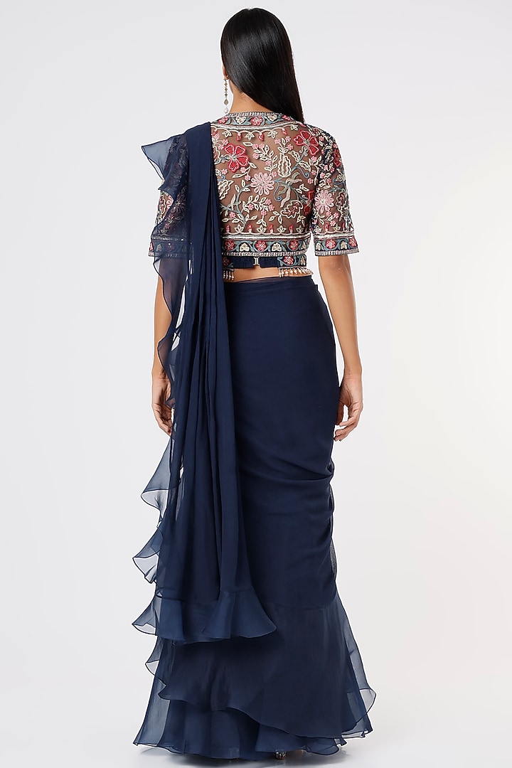 Navy Blue Chiffon Organza Draped Reception Saree Set by Ridhi Mehra at Pernia's Pop Up Shop