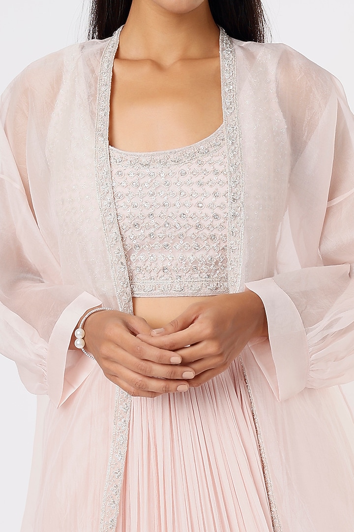 Blush Pink Chiffon Jacket Wedding Lehenga Set by Ridhi Mehra at Pernia's Pop Up Shop