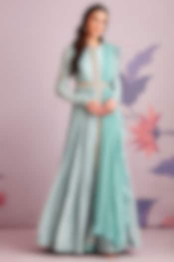 Powder Blue Ruched Wedding Anarkali Set by Ridhi Mehra at Pernia's Pop Up Shop