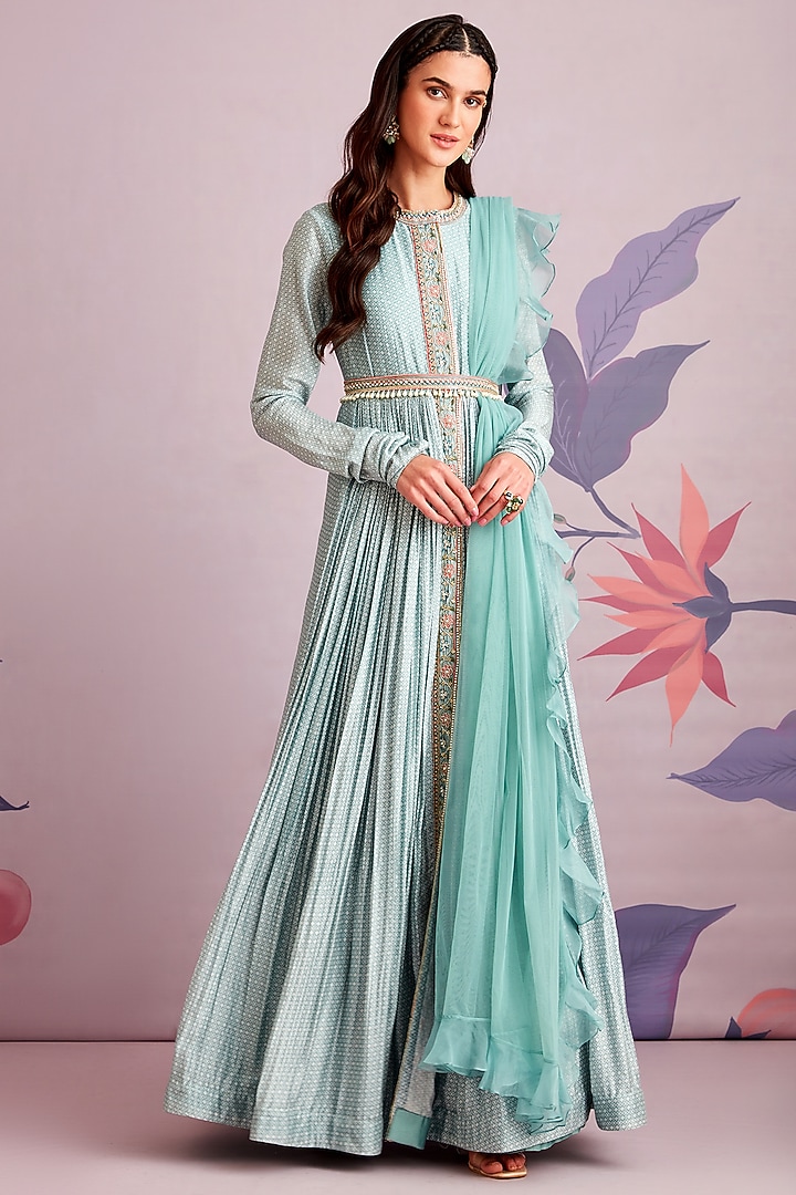 Powder Blue Ruched Wedding Anarkali Set by Ridhi Mehra at Pernia's Pop Up Shop