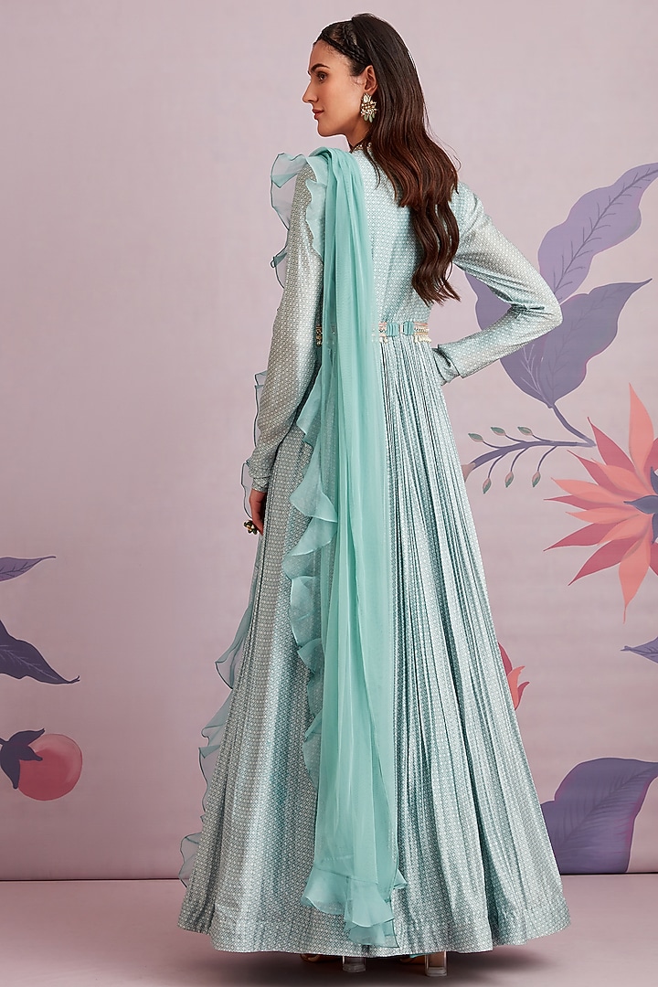 Powder Blue Ruched Wedding Anarkali Set by Ridhi Mehra at Pernia's Pop Up Shop