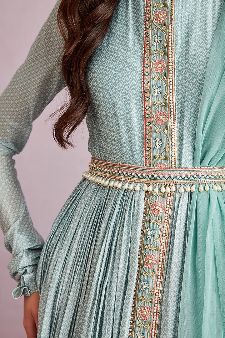 Powder Blue Ruched Wedding Anarkali Set by Ridhi Mehra at Pernia's Pop Up Shop