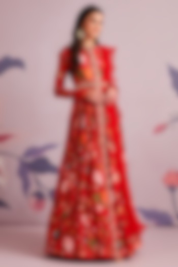 Red Ruched Silk Wedding Anarkali Set by Ridhi Mehra at Pernia's Pop Up Shop