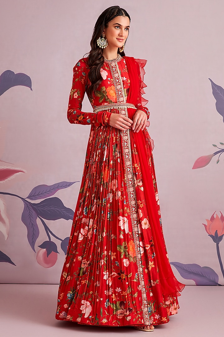 Red Ruched Silk Anarkali Set by Ridhi Mehra