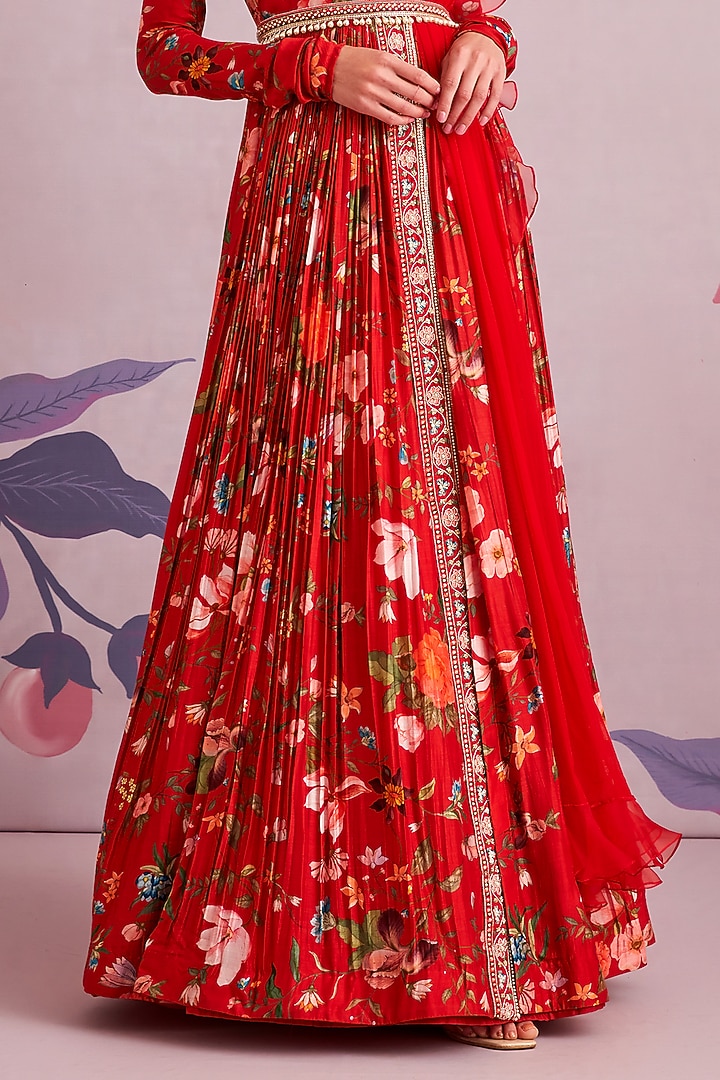 Red Ruched Silk Wedding Anarkali Set by Ridhi Mehra at Pernia's Pop Up Shop