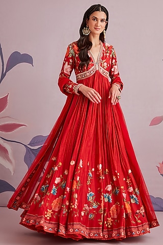 Red Silk Anarkali Set by Ridhi Mehra