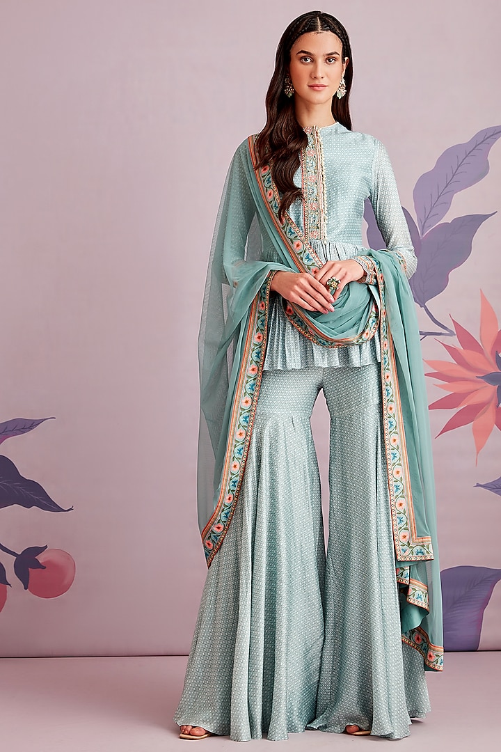 Blue Printed Gharara Set by Ridhi Mehra