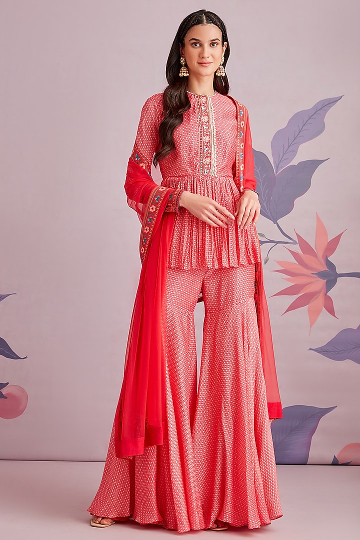 Bright Red Printed Gharara Set by Ridhi Mehra