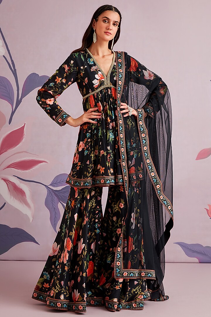 Black Silk Short Wedding Anarkali Set by Ridhi Mehra at Pernia's Pop Up Shop