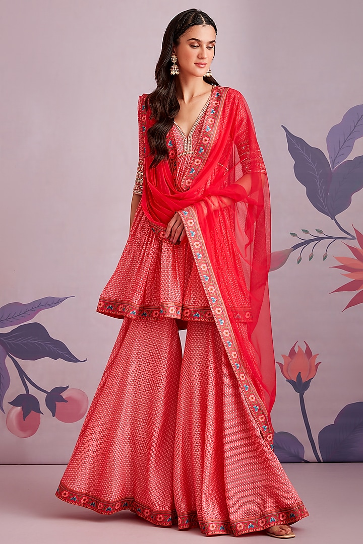 Red Silk Short Anarkali Set by Ridhi Mehra