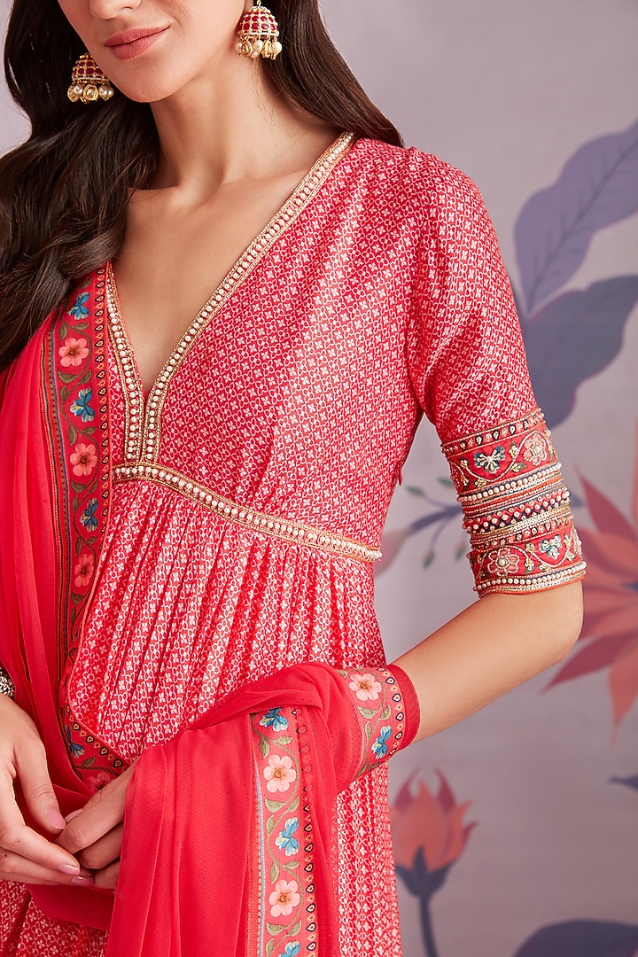 Red Silk Short Wedding Anarkali Set by Ridhi Mehra at Pernia's Pop Up Shop