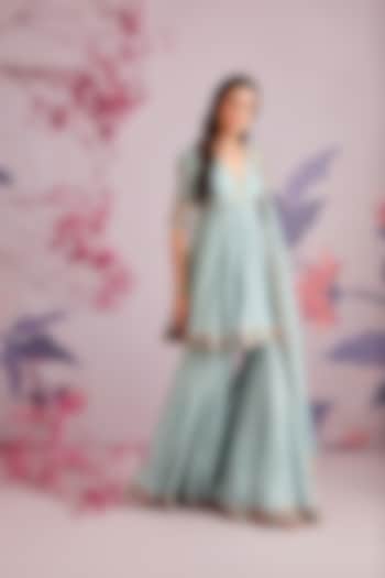 Light Blue Silk Short Wedding Anarkali Set by Ridhi Mehra at Pernia's Pop Up Shop