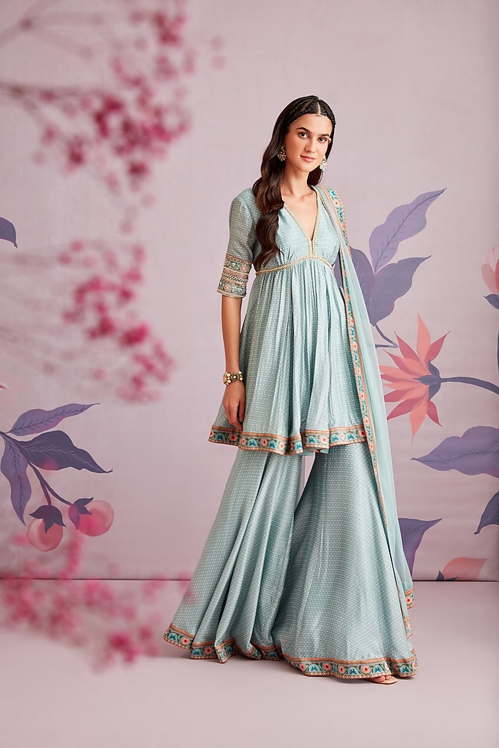 Light Blue Silk Short Wedding Anarkali Set by Ridhi Mehra at Pernia's Pop Up Shop