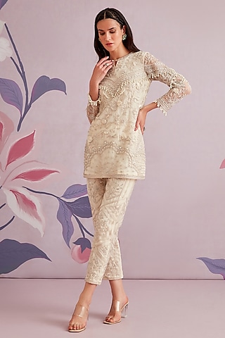 Ivory Net Embroidered Kurta Set by Ridhi Mehra