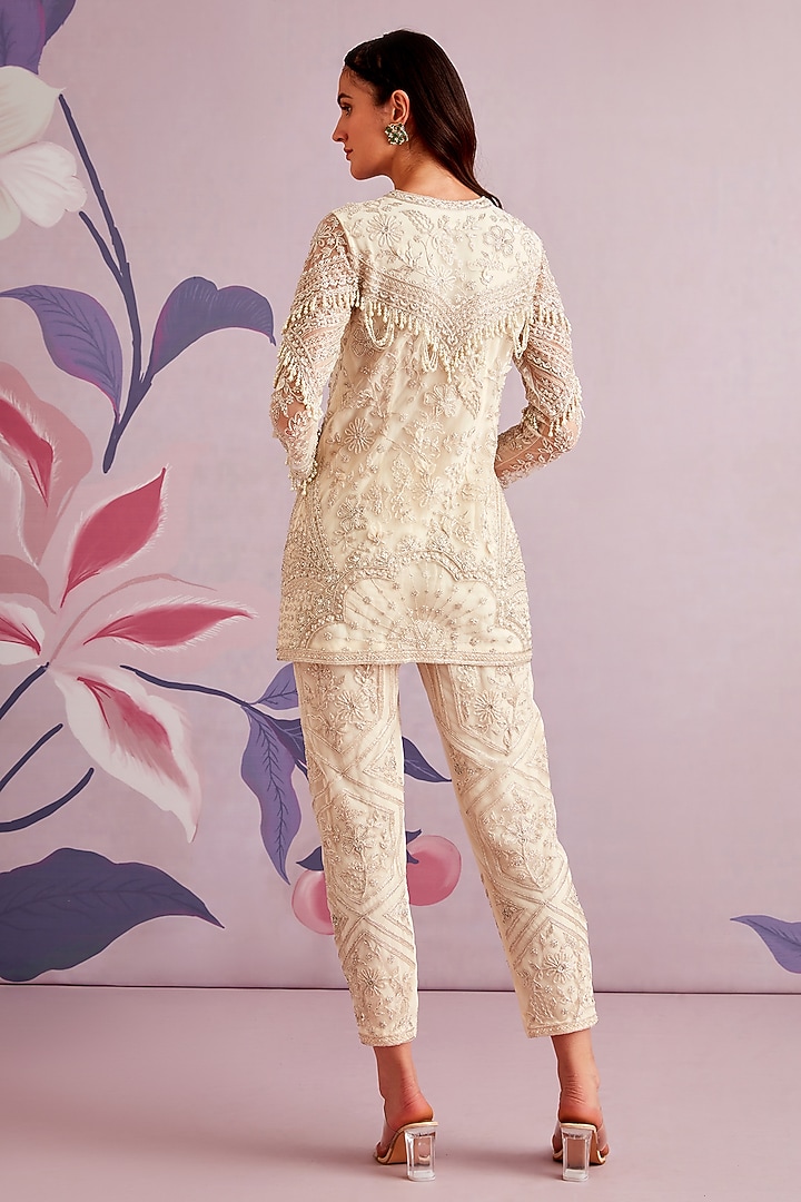 Ivory Net Embroidered Kurta Set by Ridhi Mehra at Pernia's Pop Up Shop