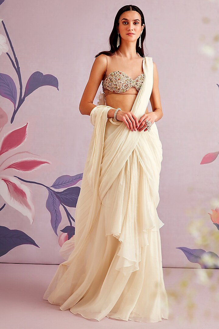 Ivory Pre-Draped Embroidered Saree by Ridhi Mehra at Pernia's Pop Up Shop