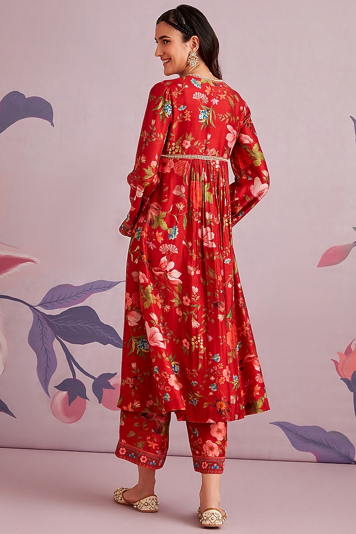 Red Silk Printed & Embroidered Kurta Set by Ridhi Mehra at Pernia's Pop Up Shop